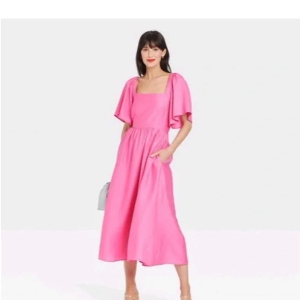 Pink Square-Neck Midi Dress with Flutter Sleeves